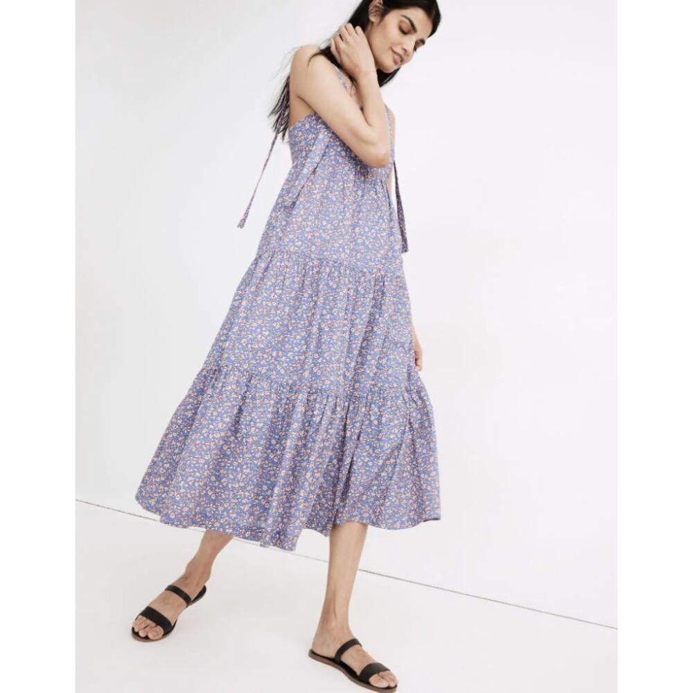 Madewell Tie-Strap Tiered MIDI Dress in Summer Vines L
